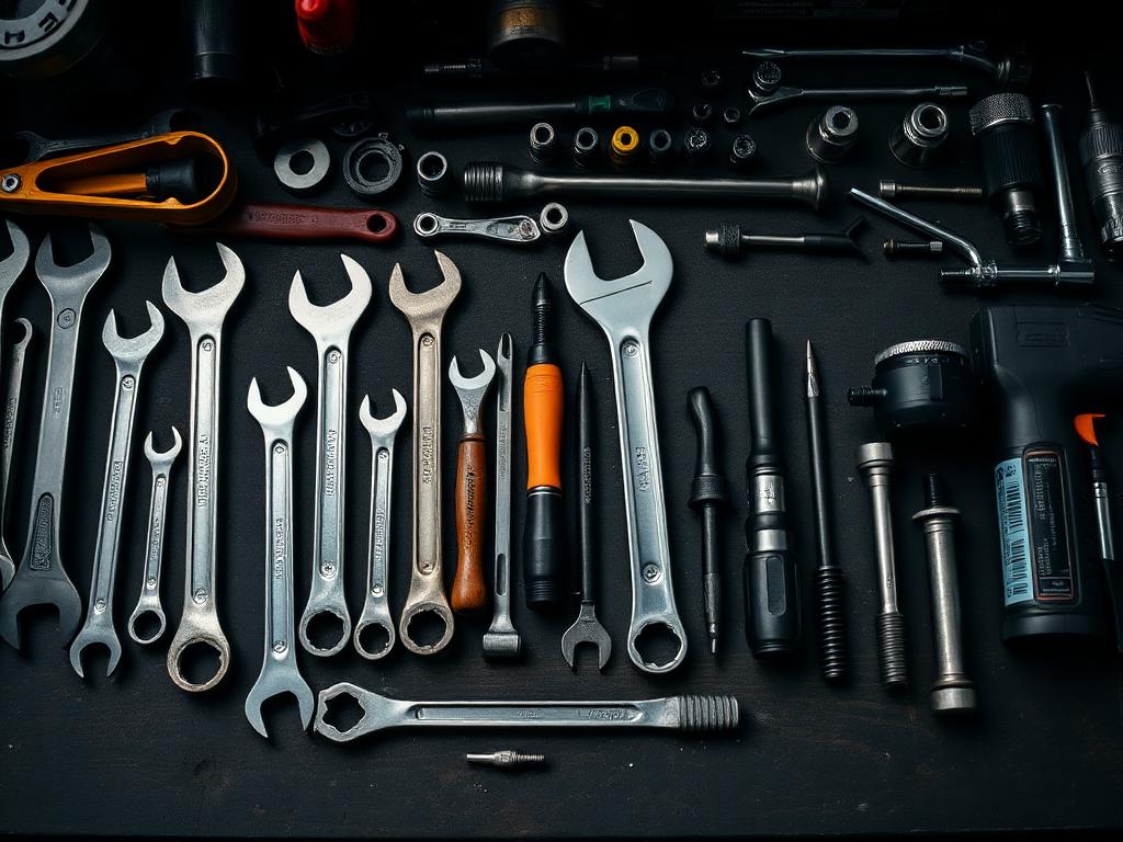 Industrial hardware tools on workbench